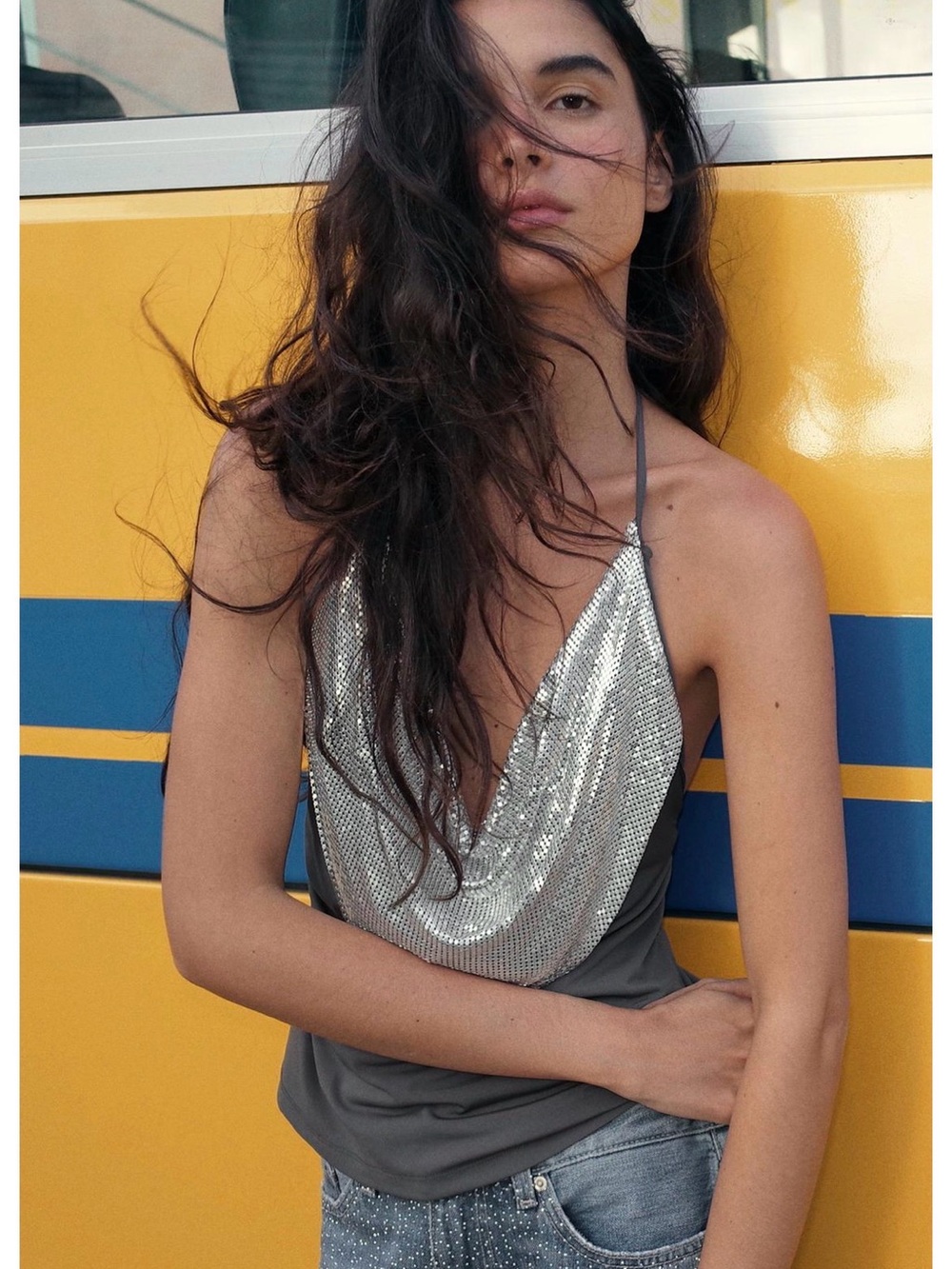Zara Silver Chain Mail Draped Halter Top Size Medium